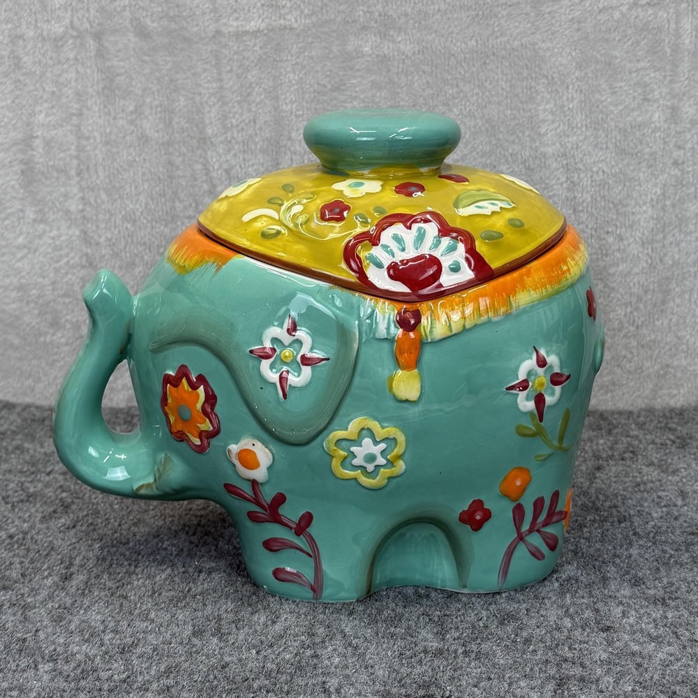 World Market Royal Indian Elephant Cookie Jar With Lid Ceramic Bohemian